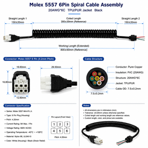 Kabel Spiral Molex 5557 6 Pin Custom Pitch 2 3 4 5 6, Pitch 4.2mm, Jaket TPU PUR, 20AWG*6C OD7.5mm HITAM - Product Image 2