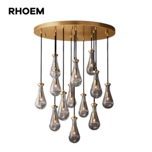 Lampadario Rotondo RHOEM RH con Gocce di Vetro Soffiato a Mano, Copertura in Ottone Massiccio, Certificato UL 110V - Product Image 1