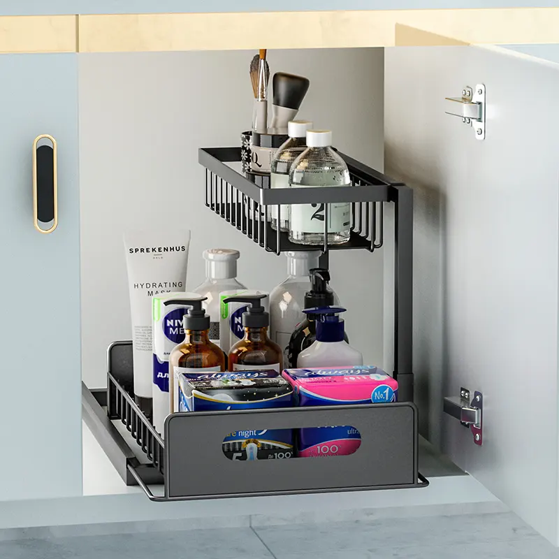 Cajones de almacenamiento personalizados de 2 niveles, estante de acabado, estantes de cocina debajo del fregadero, organizadores con cajón deslizante de 2 niveles