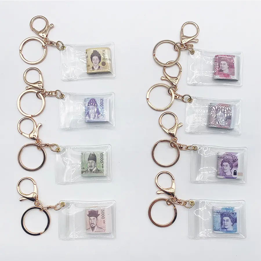 New Wholesale Replica Korean Won British Pound Taiwan Dollar US Dollar US Dollar Banknotes Promotional Custom Keychains