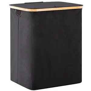 90L Bambus Wäsche korb mit Deckel, wasserdichter und zusammen klappbarer Stoff korb für Schrank und Bad, schwarz