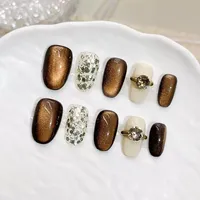 Faux ongles courts en acrylique faits à la main, effet œil de chat ambre, à pression, couvrance totale pour femmes
