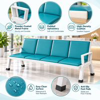 Banc d'attente moderne pour hôpital, 4 places, chaises rembourrées bleues, structure en métal blanc avec accoudoirs pour clinique, réception médicale