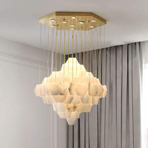 Lámpara Colgante LED Moderna Hexagonal Dorada con Pantallas de Alabastro para Sala de Estar, Tamaño Grande, Luz Blanca Cálida 3500K - Product Image 1