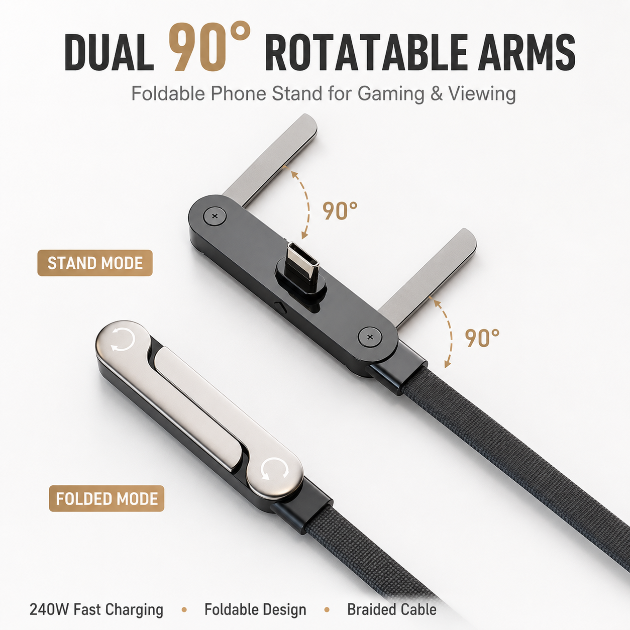 240W Fast Charging Cable with Foldable Phone Stand Right Angle Elbow Data Cord for Phone Tablet Laptop Gaming Accessories · image 2
