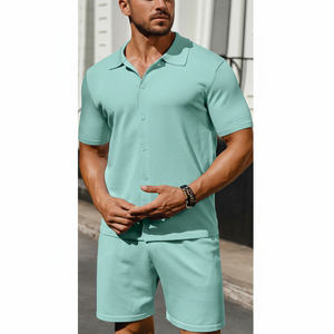 Ensemble 2 pièces décontracté pour hommes imprimé léopard manches courtes bouton tricot chemise short pour l'été plage pour sorties à la plage - Product Image 1