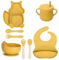 Ensemble de repas moderne 8-en-1 pour bébé : assiette, bol à ventouse en silicone, cuillère, fourchette, bavoir et tasse pour l'apprentissage de la diversification alimentaire