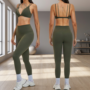 Custom Logo Front Women Solid Contrast Color Strappy Sportswear Workout Gym Fitness Yoga <b>Bra</b> Set High Waist Breathable Leggings - Product Image 3
