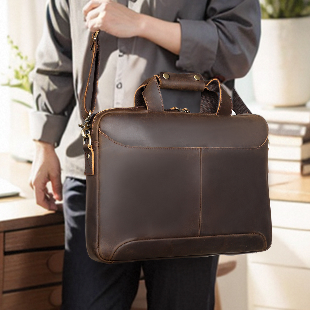 Men’s Genuine Crazy Horse Leather Briefcase – 15.6-Inch Full-Grain Laptop Business Bag - View 2