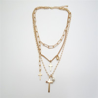 Nouveau collier tendance pour femme avec pendentif croix plaqué or, chaîne multi-liens et perle