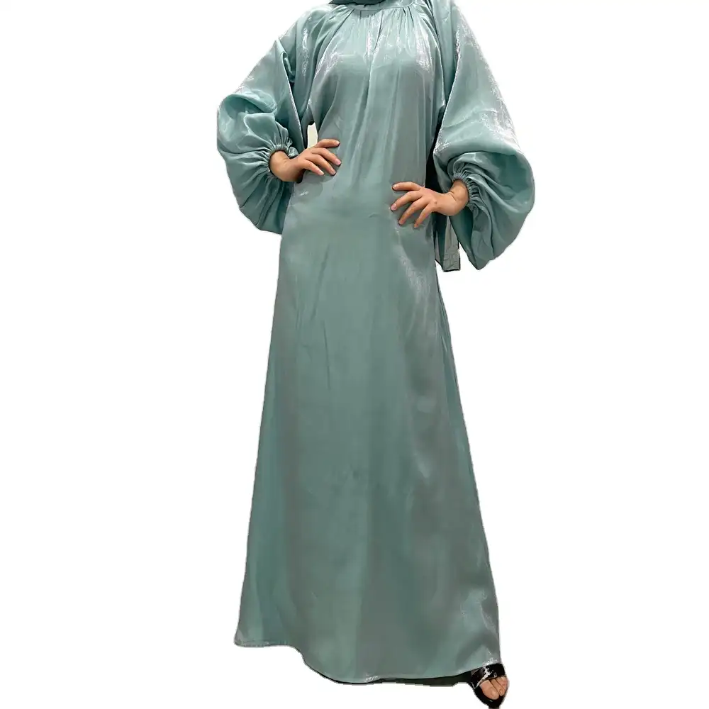 ドバイ控えめなファッションシャイニーシルクマキシドレスランタン長袖イスラム服イスラム教徒アバヤカフタンシルクサリーローブ2022