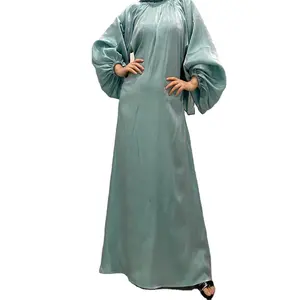 Dubai Modest Fashion Shiny Silk Maxi Dress Lantern long sleeve Islamic Clothing Muslim Abaya Kaftan Silk Sarees Robes 2022