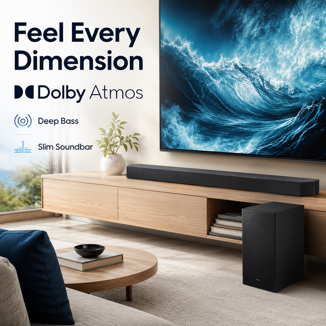 Three Star 3.1.2 Surround Soundbar with Dolby Atmos and Wireless Subwoofer, Cinematic Audio, Soundbar for Smart TV Home Theater