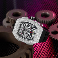 Montre automatique de luxe pour homme, forme tonneau, entièrement sertie de diamants, bracelet en alliage 20 mm, cadran analogique squelette complet