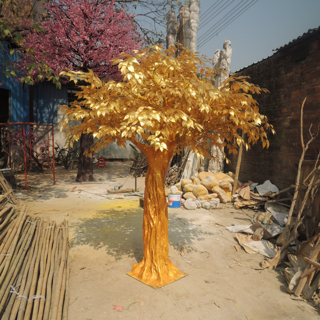 Aesthetic Room Decor Artificial Ficus Plant Golden Banyan Tree Fiberglass Trunk with Plastic Leaves Frame for Garden Decoration