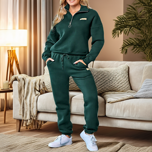 Ensemble de survêtement 2 pièces respirant 100 % coton pour femme avec pull demi-zip et pantalon de jogging pour l'automne - Product Image 2
