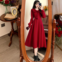 Robe midi élégante vintage à manches longues avec col Claudine et détail nœud pour l'automne, grandes tailles