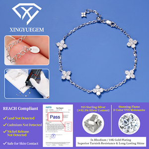 Pulsera de Plata 925 con Baño de Rodio, Diseño Minimalista de Flor de Cuatro Hojas, con Moissanita, para Mujer, Venta al Por Mayor - Product Image 4