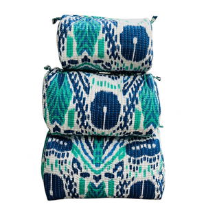 Set 3 Multicolor Geometric Handblock Printed Cotton Quilted Modern Soft Handle Medium Travel Cosmetic <b>Makeup</b> <b>Case</b> Zipper Closure - Product Image 1
