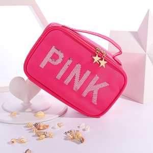 BSCI ISO Sedex FAMA moda all'ingrosso logo personalizzato paillettes glitterate <span class=keywords><strong>borsa</strong></span> per trucco in Nylon borse da viaggio impermeabili da donna rosa - Product Image 2