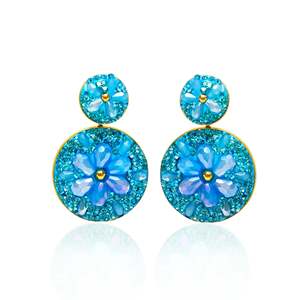 Crystal <b>Earrings</b> <b>Blue</b> Flower Design PVD Gold Plated 316L Stainless Steel Sustainable Resistant Jewelry - Product Image 1