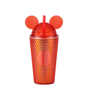 16oz Mini Fancy Customized Logo Double Layer Studded Plastic Cute Cats Ears Lid Tumbler Cup Water Bottle Insulated Tumbler