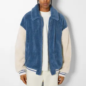 Full zip men sherpa fleece jackets color block look customized ribbing jackets wholesale