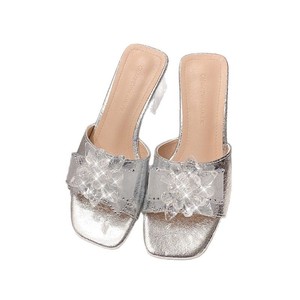 Summer Crystal Heel Square Toe Elegant Sandals New Arrival Rhinestone Fairy <b>Style</b> Plus Size Mid Heel Slippers for Women - Product Image 5