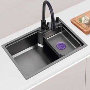 Évier de cuisine à cuve unique grande taille en acier inoxydable SUS304 noir nano, fait main, style Harbour, pour usage domestique - Product Image 1
