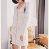 Robe en tweed grossier d'automne élégante pour femmes avec robe de costume blanche cloutée de tempérament haut de gamme