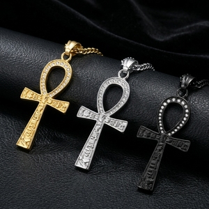 Collier Croix Ankh Égyptienne Ancienne Plaqué Or en Alliage de Zinc, Pendentif Unisexe, Bijou Cadeau avec Sertissage Pavé - Product Image 1