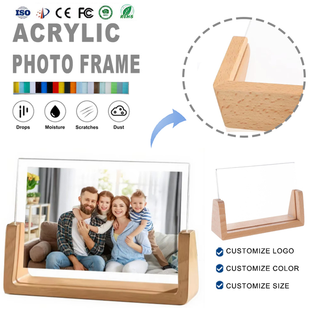 Customizable Logo Wooden Acrylic U-Shape Picture Frame Transparent Frameless Photo Stand with Wood Base Photo Frames