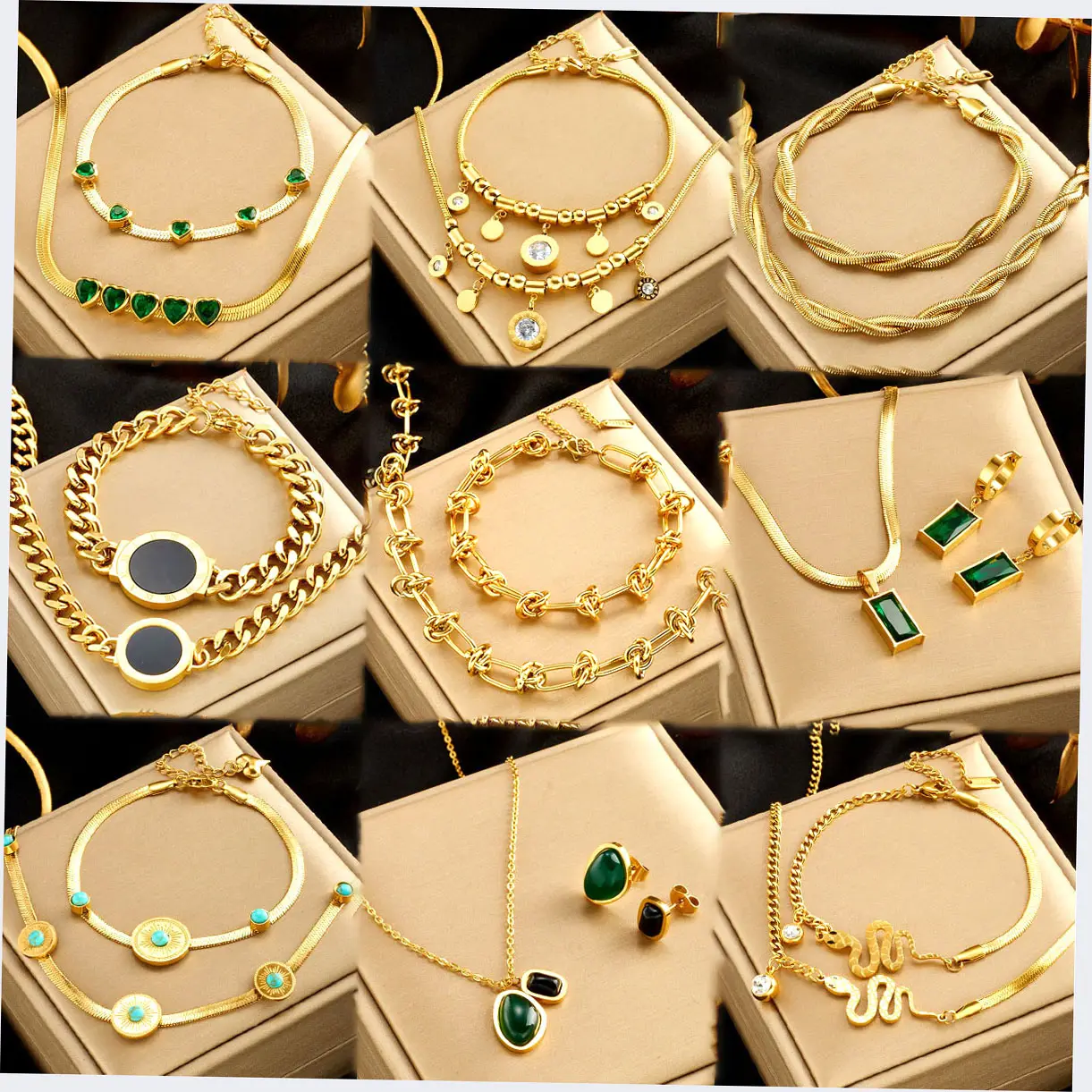 Conjunto de joias femininas em aço inoxidável 18K ouro em camadas corrente cubana esmeralda zircão pingente coração colar brincos e pulseira conjunto