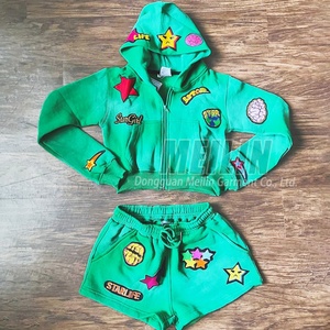 Custom Two Piece Applique Patch Cotton French Terry Green Acid Wash <b>Zip</b> <b>up</b> Hoodie and Shorts Set Tracksuits Sweatsuits Set Women - Product Image 1