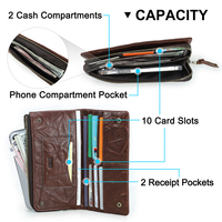 Dompet panjang kulit asli pria, Vintage dicuci gandum penuh pemblokir RFID banyak kompartemen poliester kapasitas besar ponsel 6.9"