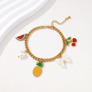 Pulsera de Perlas y Dijes de <span class=keywords><strong>Frutas</strong></span> Esmaltados de Acero Inoxidable Personalizados de Moda, Cadena Cubana Impermeable, Joyería para Mujer al por Mayor - Product Image 2