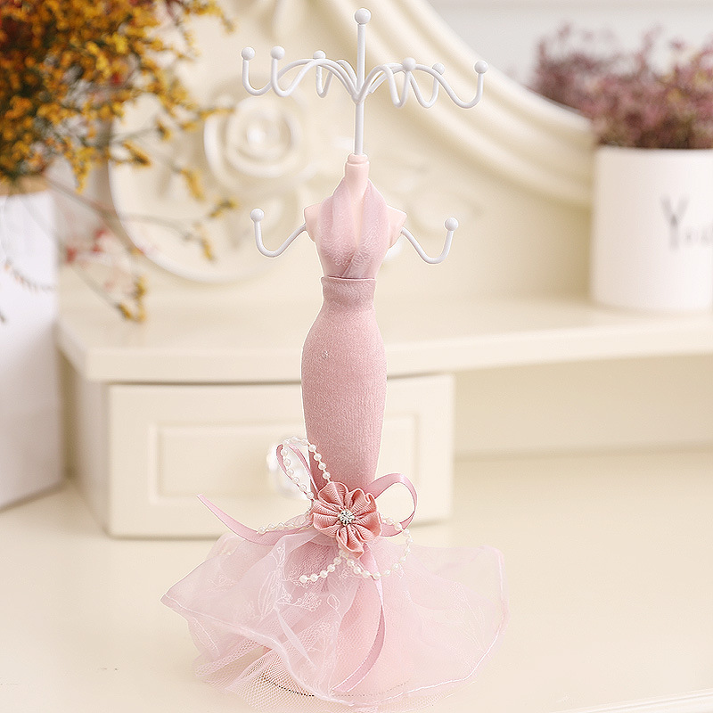 pink dress jewelry holder Cute Pink Wedding Dress Metal Jewelry Display Stands Set Necklace Bracelet  Display Bust Container