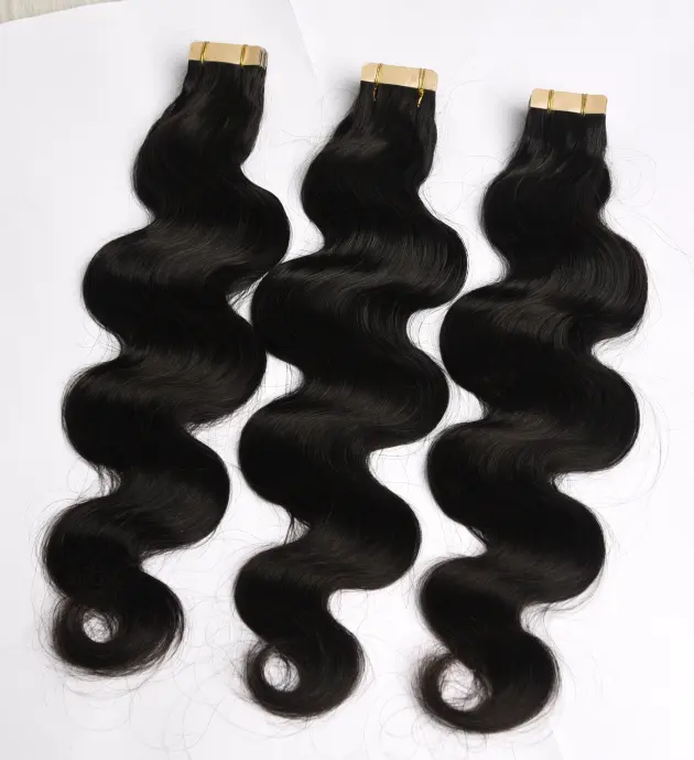 Groothandel 100% Human Ruwe Indische Haar Leveranciers Zwart 12A Grade Cuticula Uitgelijnd Virgin Remy Body Wave Tape In Hair Extensions