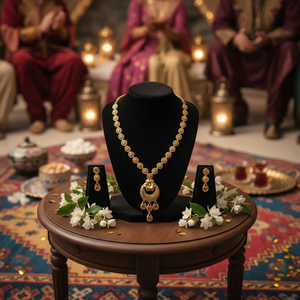 Women's Brass 18K <b>Gold</b> Plated Turkish Long Haram Necklace <b>Set</b> Lock Design Bridal Traditional Wedding Engagement Party Trendy - Product Image 3