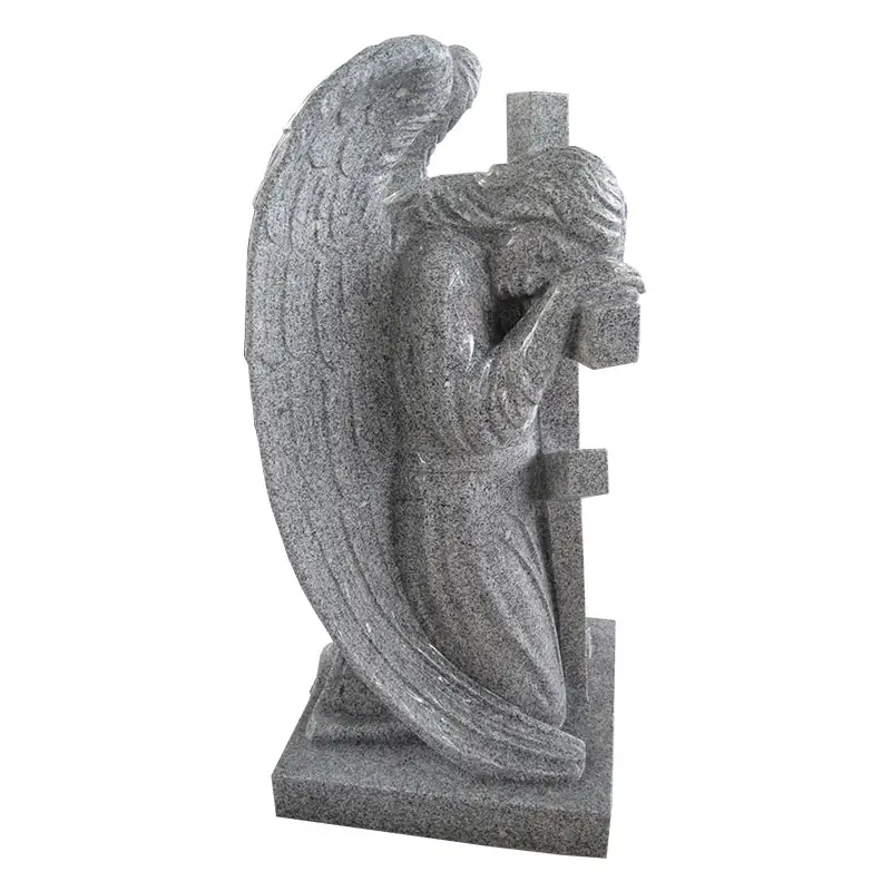 HZX European Design Unique Weeping Angel Wing Engraving Memorial Tombstone Headstone With Carved Heart