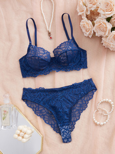 Blue Floral Lace Womens Intimates <b>Sexy</b> Lingerie <b>Set</b> Sheer Mesh Underwire Bra and Thong <b>Set</b> Elegant Womens Bra <b>Set</b> OEM ODM - Product Image 2