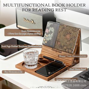 Wooden Foldable Book Rack With Cup Holder And Phone <b>Stand</b> For Desktop Reading Storage - Product Image 2