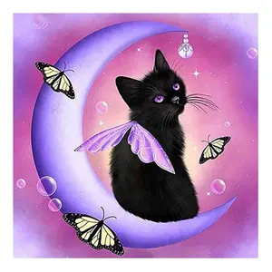 Jamais Moment Diamant Peinture Noir Chat Lune Décoration de Bande Dessinée Pour La Maison Rond Complet S2F657