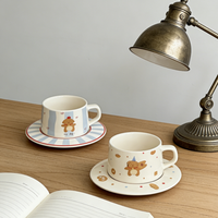 Ensemble tasse et soucoupe en porcelaine mignons, motif animal adorable, écologique, passe au lave-vaisselle, tasse à café/thé pour le petit-déjeuner et le thé de l'après-midi