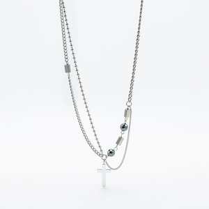 Yunnique <b>Cross</b> Beaded Titanium Steel Necklace Men's Fashion Hip Hop Style Geometric Design Silver Tone Jewelry Made in Dongguan - Product Image 2