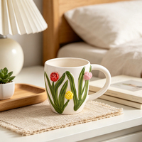 Tasse à café en céramique Redeco 3D avec motif de tulipe en relief, bordure en pétales, avec relief de tulipe rose, rouge, jaune, cadeau de jardin