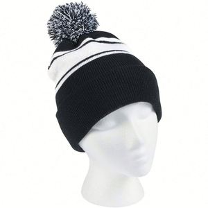 Custom Logo Striped Pom Pom Beanie Cuffed Winter Knit <b>Hat</b> Sports Headwear for Holiday Giveaways - Product Image 3