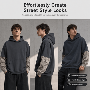 Sweat à capuche en molleton épais 340G pour homme, coupe oversize, manches camouflage, style streetwear, pull à capuche, fournisseur OEM personnalisé - Product Image 2