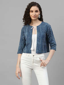 Shrug en coton à rayures indigo pour femme, à nouer, devant ouvert, manches mi-longues, coupe courte, coupe décontractée, style western, pièce unique, décontracté - Product Image 6