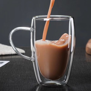 Venta al por mayor logotipo personalizado grande 350ml claro borosilicato aislado doble pared vidrio café té tazas con asa - Product Image 2